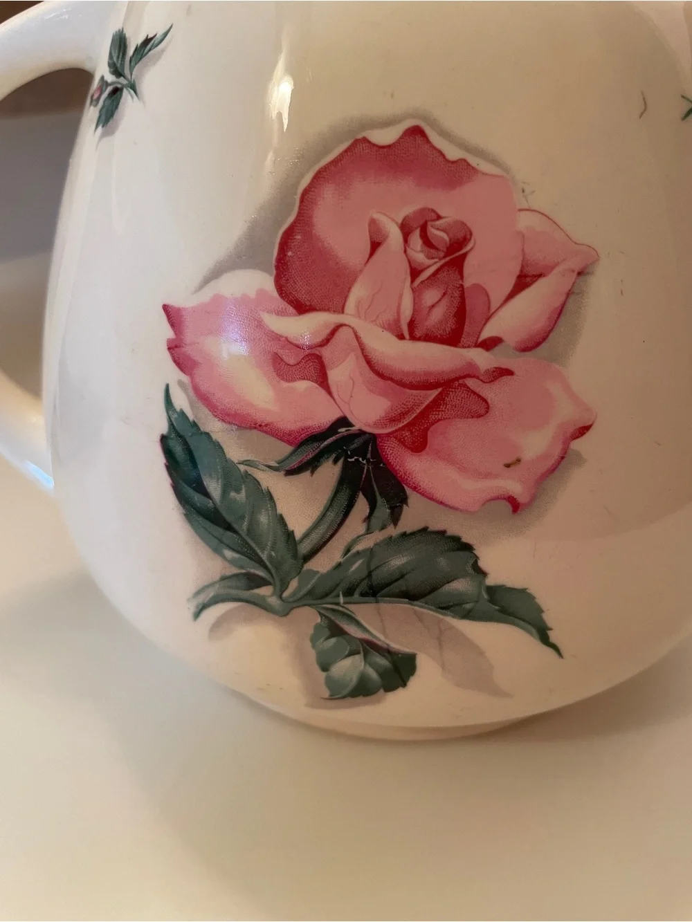 Vintage Household Institute Cream Ceramic Pitcher with Pink Rose Floral Design